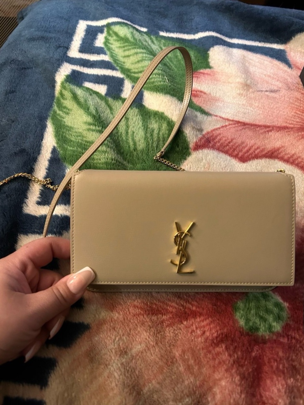 Saint Laurent Beige Leather YSL Chain Crossbody Wallet
